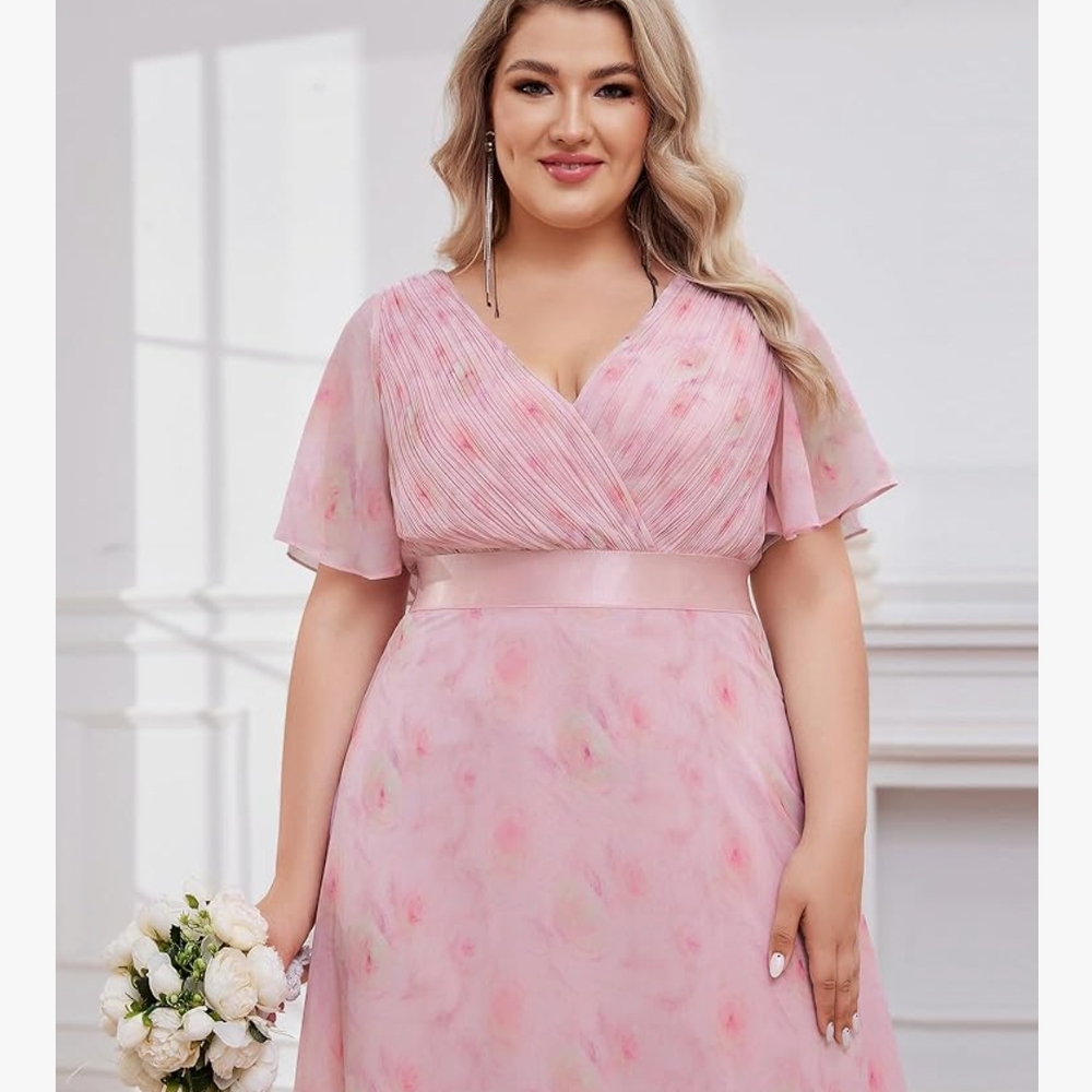 Pink Floral V-Neck Plus Size Dress